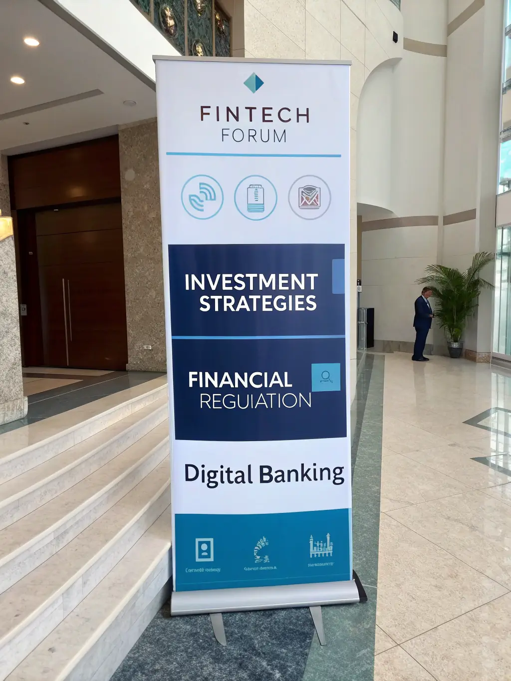 A schedule graphic for the 'FinTech Forum', showcasing panels on investment, regulation, and digital banking.