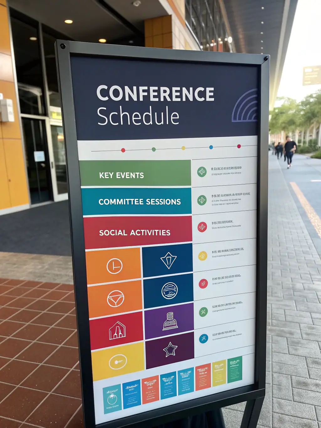 A schedule graphic for the 'Tech Startup Summit', highlighting sessions on AI, blockchain, and cybersecurity.