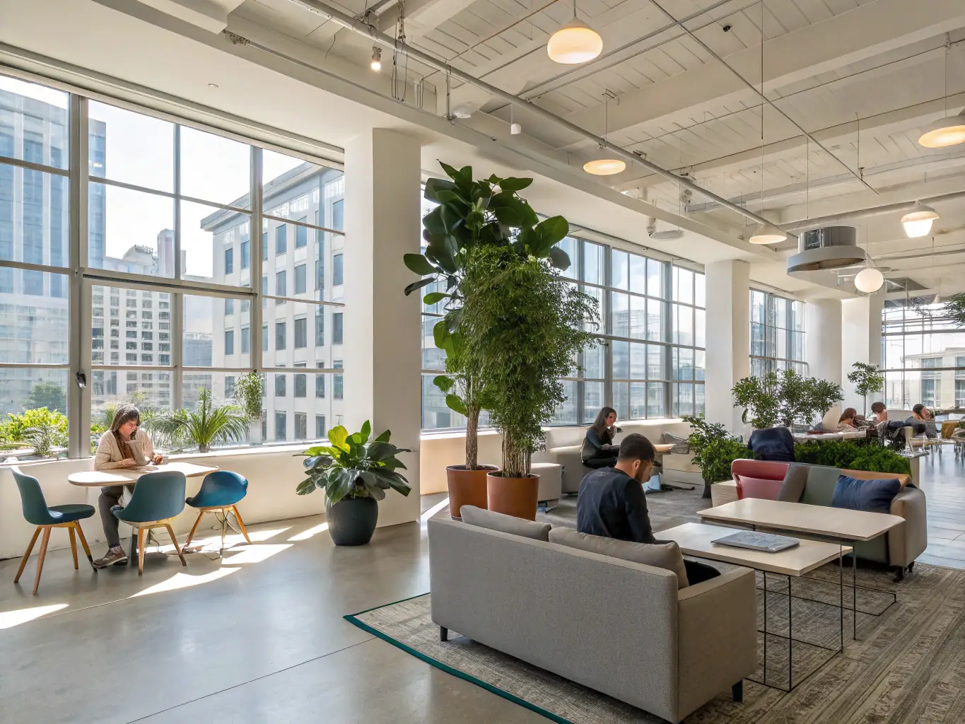 A modern office space in Manchester, with young professionals working on laptops and collaborating, reflecting the city's growing digital and creative industries.