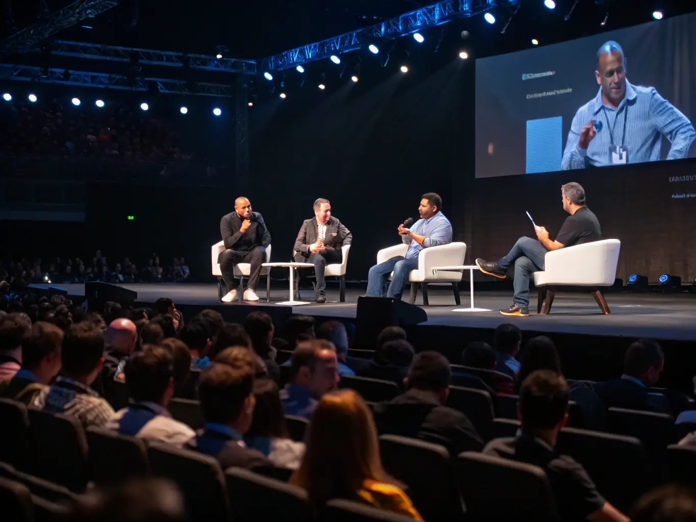 A dynamic image showcasing a panel discussion at a tech conference in Manchester, with industry experts sharing insights and strategies.
