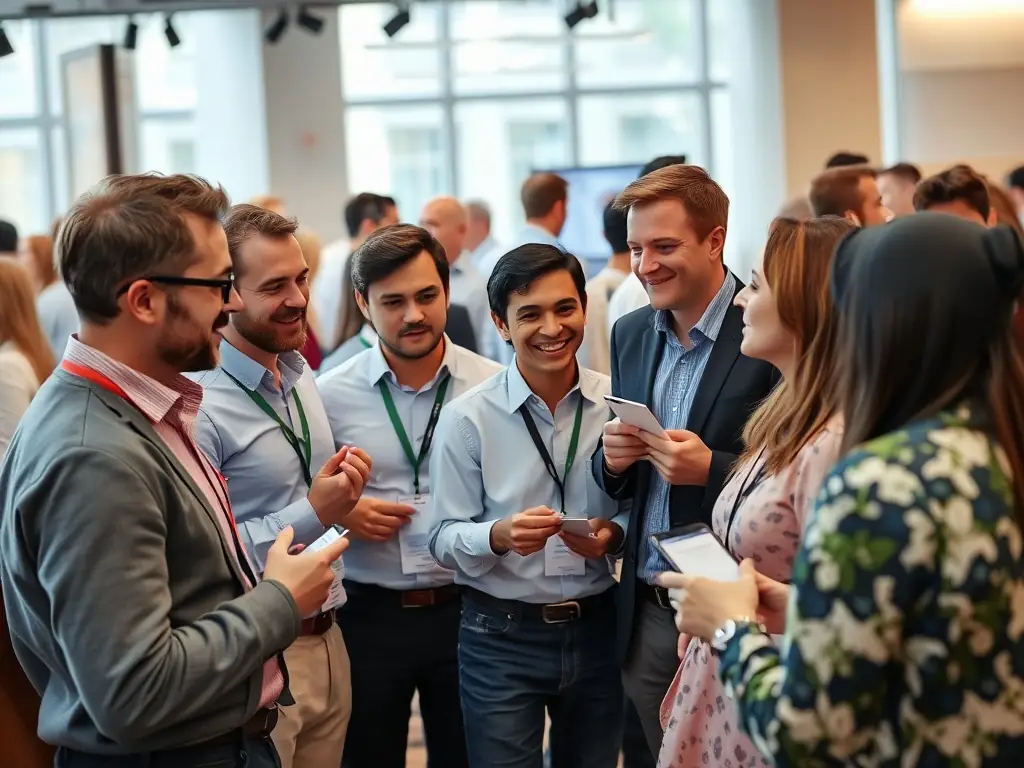 A vibrant photo of attendees networking at a startup conference in London, with modern architecture in the background.